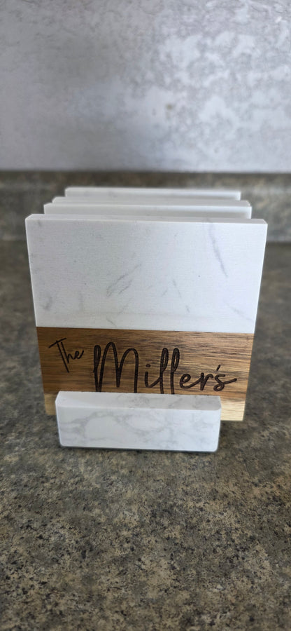 Personalized Marble & Acacia Wood Coaster Set