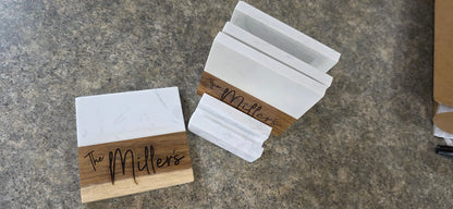 Personalized Marble & Acacia Wood Coaster Set