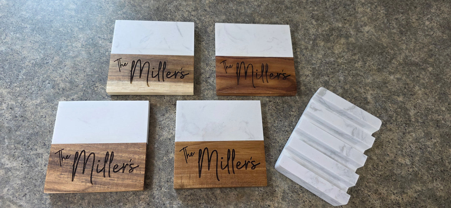 Personalized Marble & Acacia Wood Coaster Set