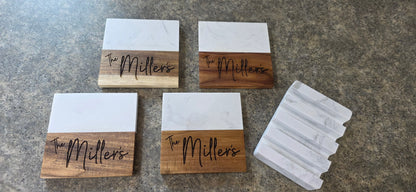Personalized Marble & Acacia Wood Coaster Set