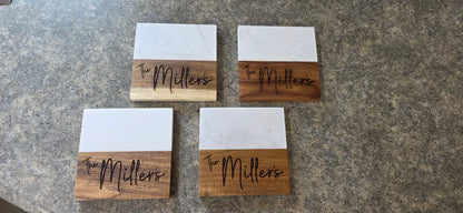 Personalized Marble & Acacia Wood Coaster Set