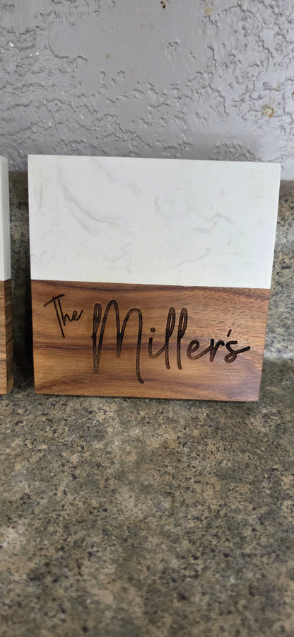 Personalized Marble & Acacia Wood Coaster Set