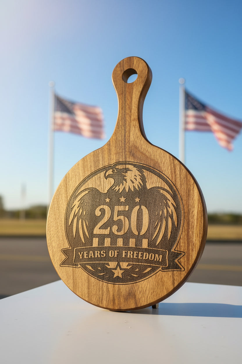250 Years of Freedom - Engraved Wooden Serving Board – Patriotic USA 250th Anniversary Décor & Charcuterie Board
