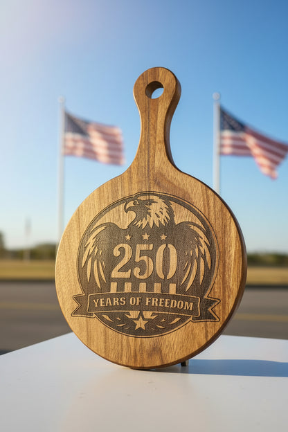 Small Round Cutting board With Handle - 250 Years of Freedom - Engraved Wooden Serving Board – Patriotic USA 250th Anniversary Décor & Charcuterie Board