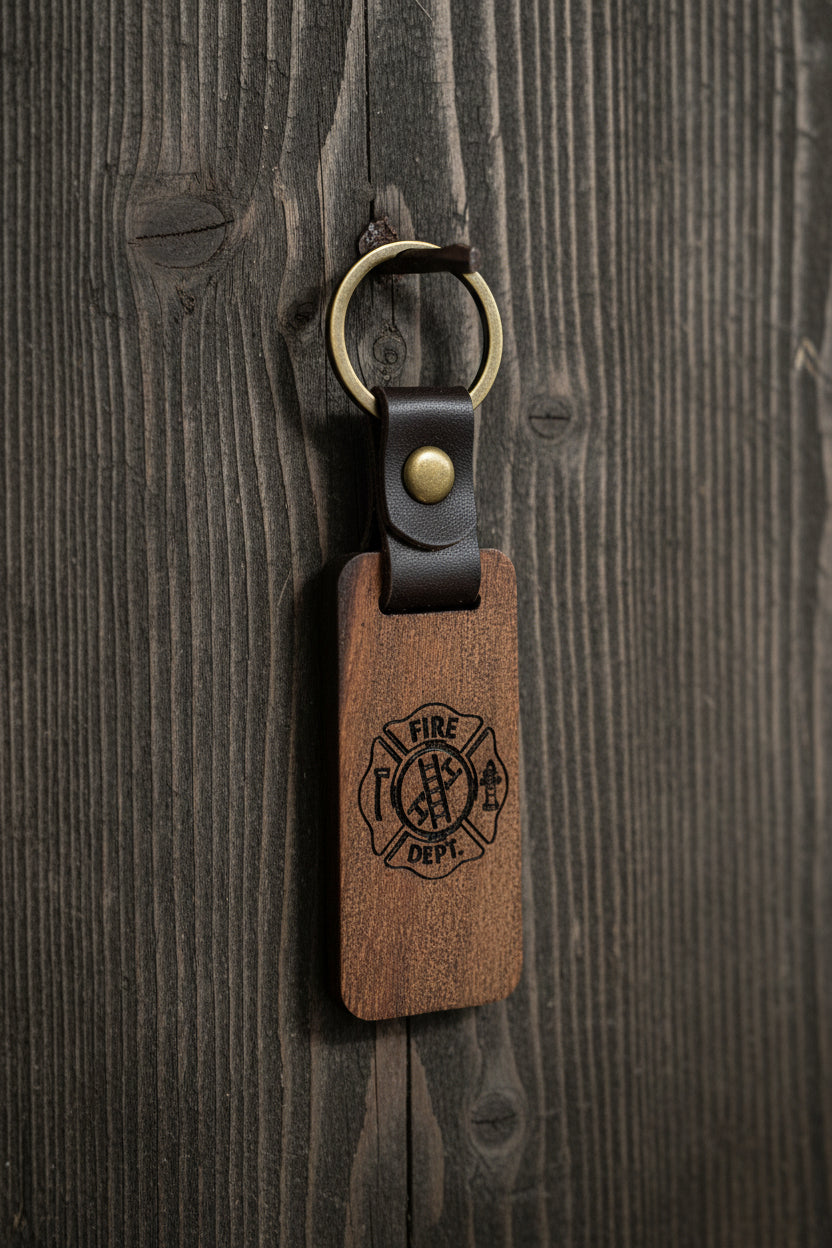 Rustic Laser Engraved Wooden Keychains – with Leather Strap