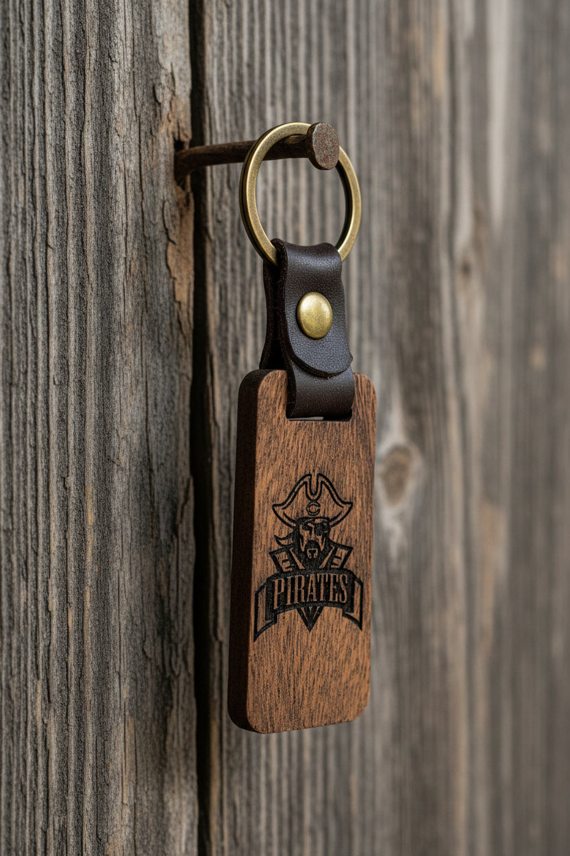 Rustic Laser Engraved Wooden Keychains – with Leather Strap