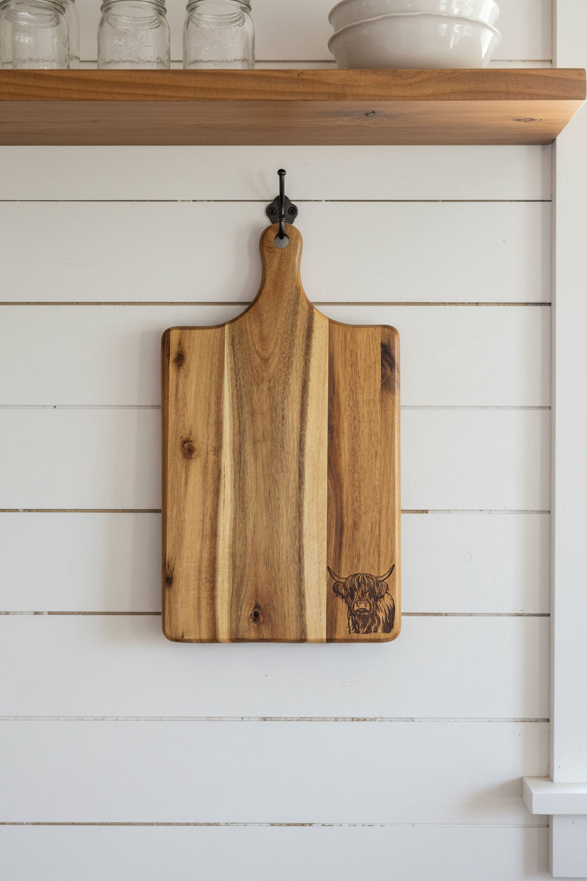 A rectangular wooden cutting board with a handle, featuring a dark engraved animal head design in the top right corner. 