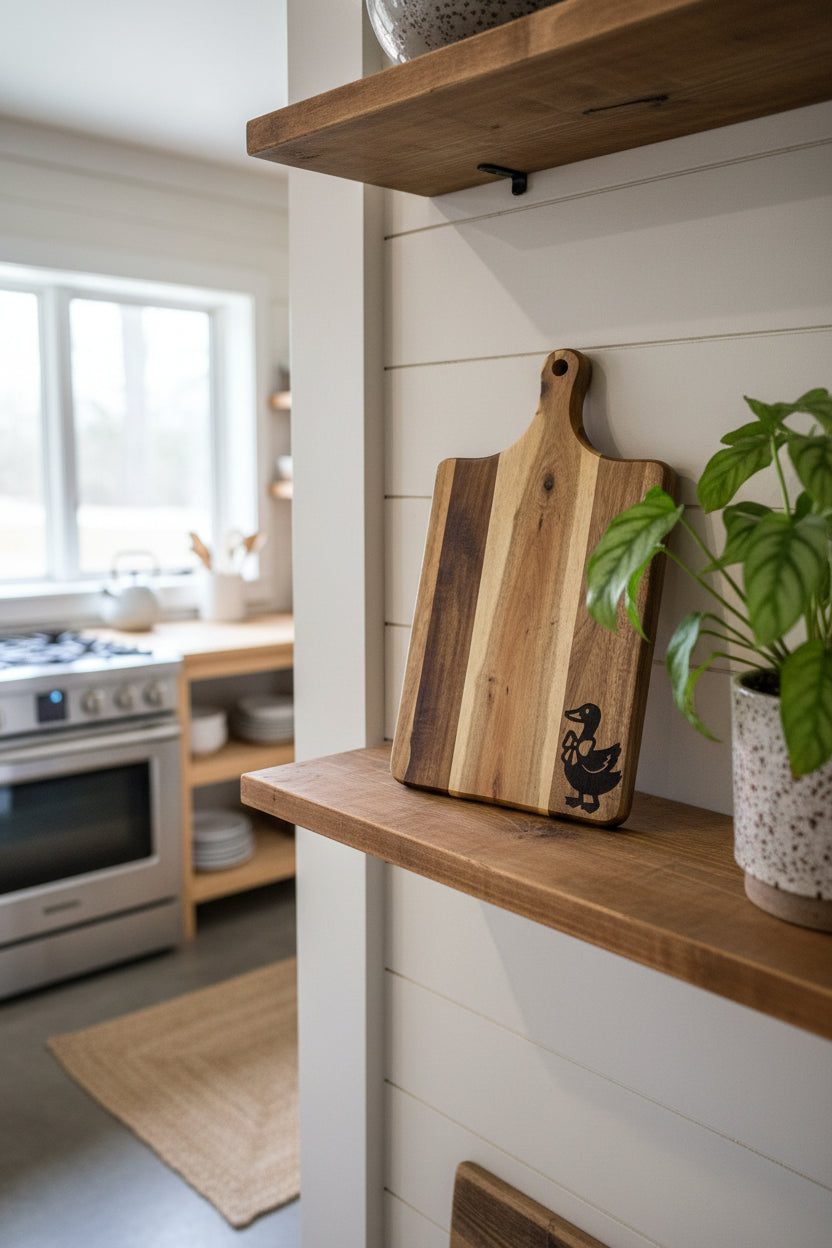 A rectangular wooden cutting board with a handle, featuring alternating light and dark wood stripes and a black engraved logo in the top right corner.