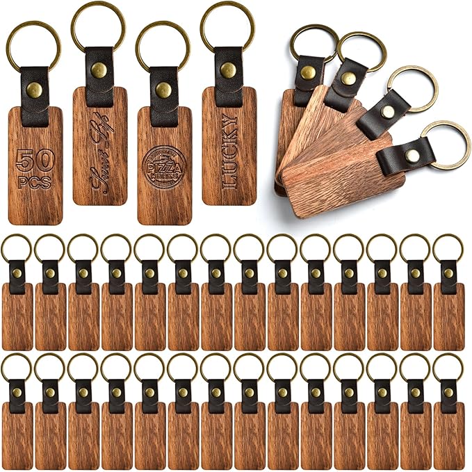 Rustic Laser Engraved Wooden Keychains – with Leather Strap