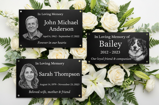 Custom Memorial Plaques | Black Anodized Aluminum Photo Engraved Tribute for Loved Ones & Pets
