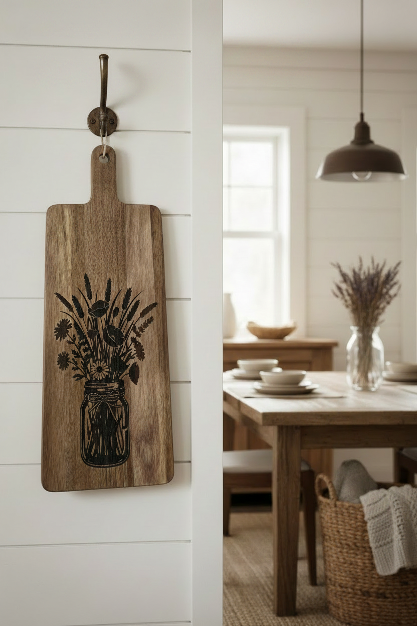 A rectangular wooden cutting board with a handle, featuring a dark laser-burned graphic of a mason jar filled with wildflowers. 