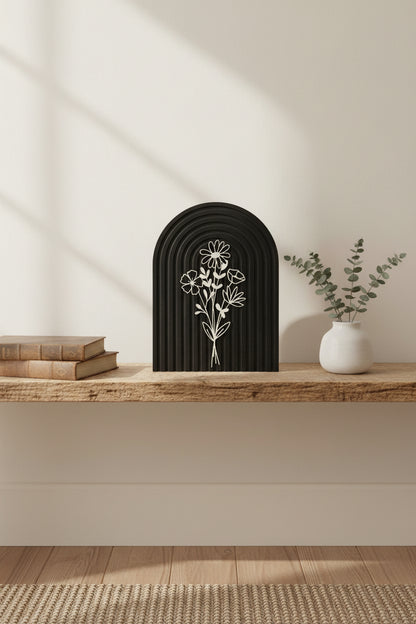 Modern Floral Arch Wood Decor – Layered 3D Flower Sign –  Neutral Boho Shelf Decor