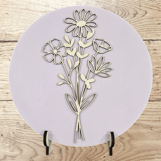 Wildflower Decor – Round Wood Floral Decor, Layered Flower Bouquet on Painted Circle, Rustic Farmhouse Gift