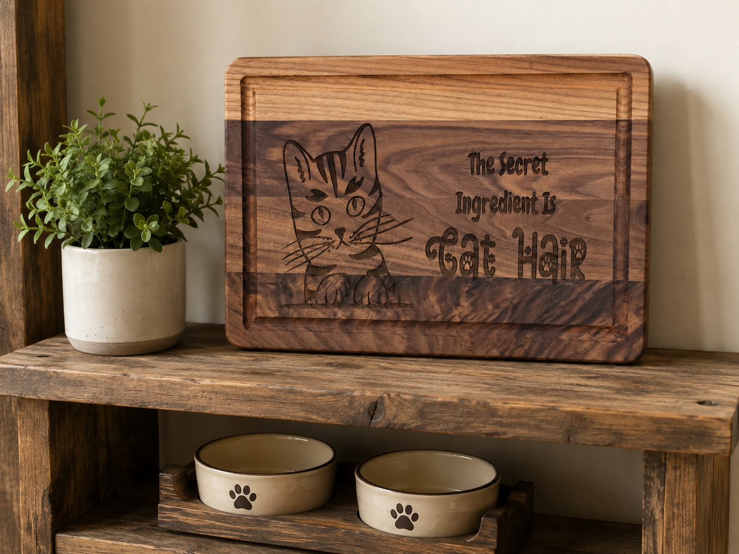 The Secret Ingredient Is Cat Hair – Engraved Walnut Cutting Board