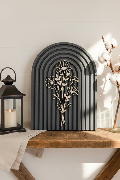 Modern Floral Arch Wood Decor – Layered 3D Flower Sign –  Neutral Boho Shelf Decor
