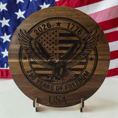 Wooden Round Trivet - USA 250th Anniversary Patriotic Eagle Engraved Hot Plate Trivet – 1776–2026 Commemorative Wooden Kitchen Décor